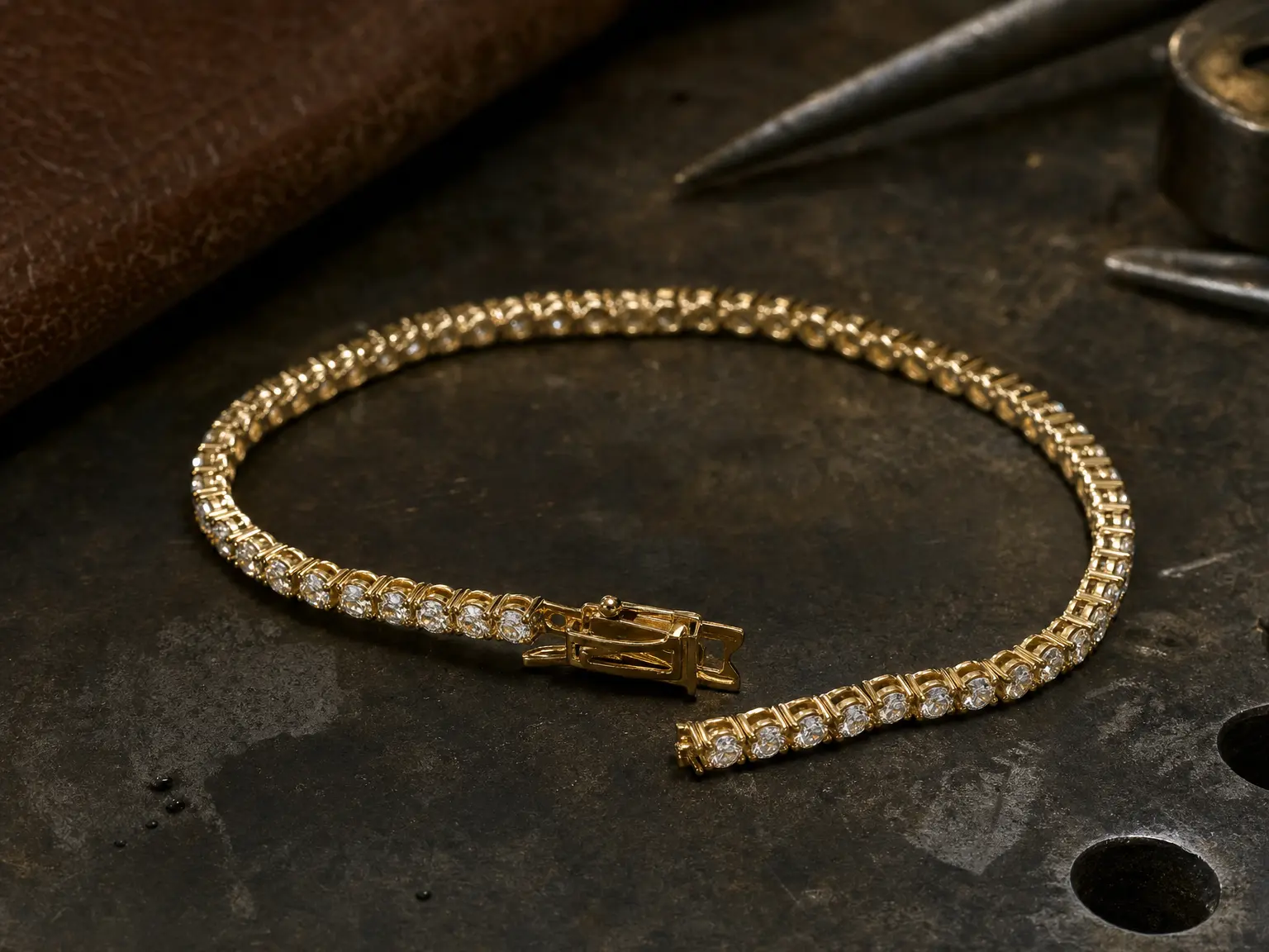 A yellow gold tennis bracelet of natural diamonds, unclasped on a jeweller's bench