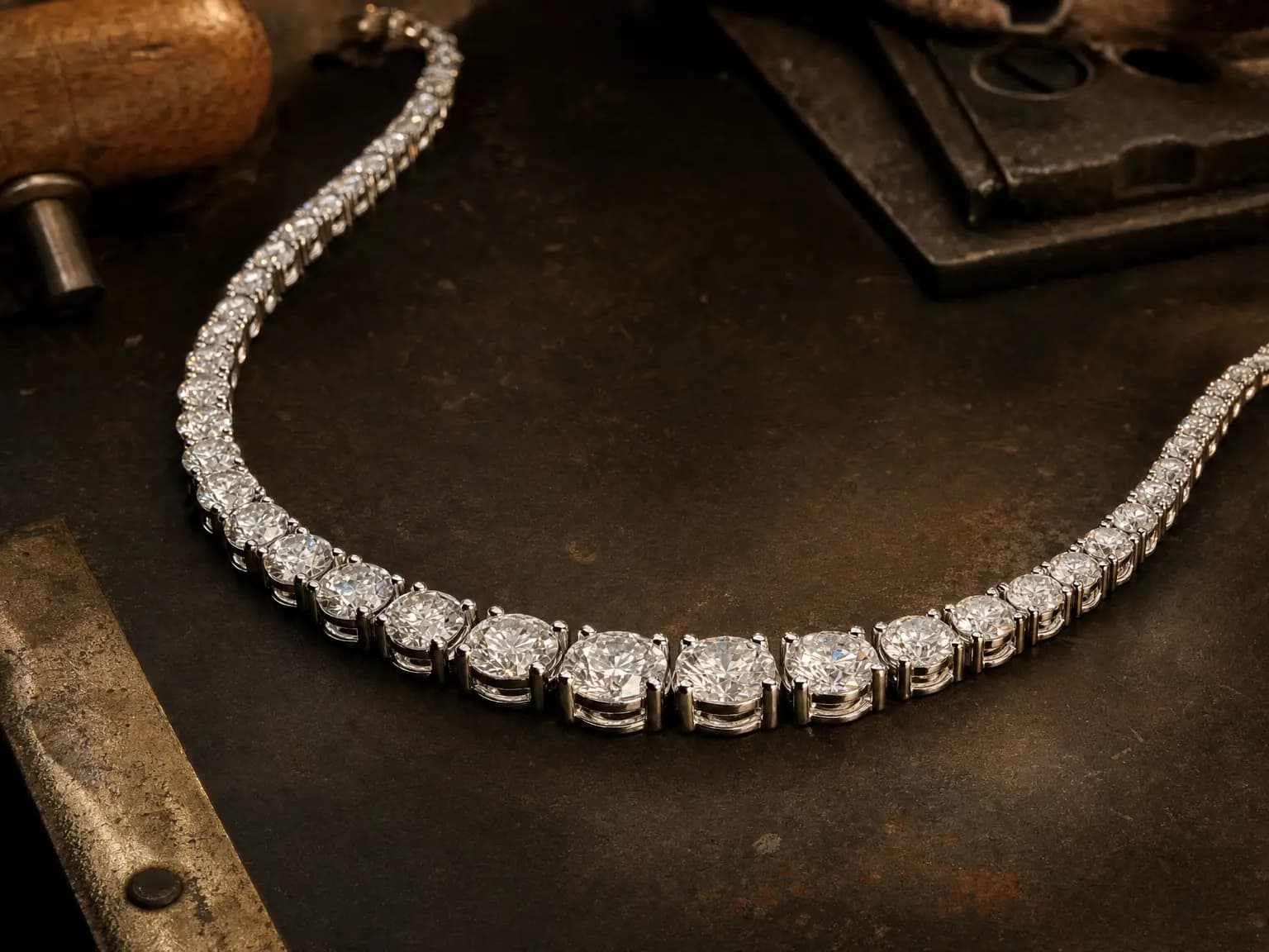 A white gold rivière necklace of graduated natural diamonds on a jeweller's bench