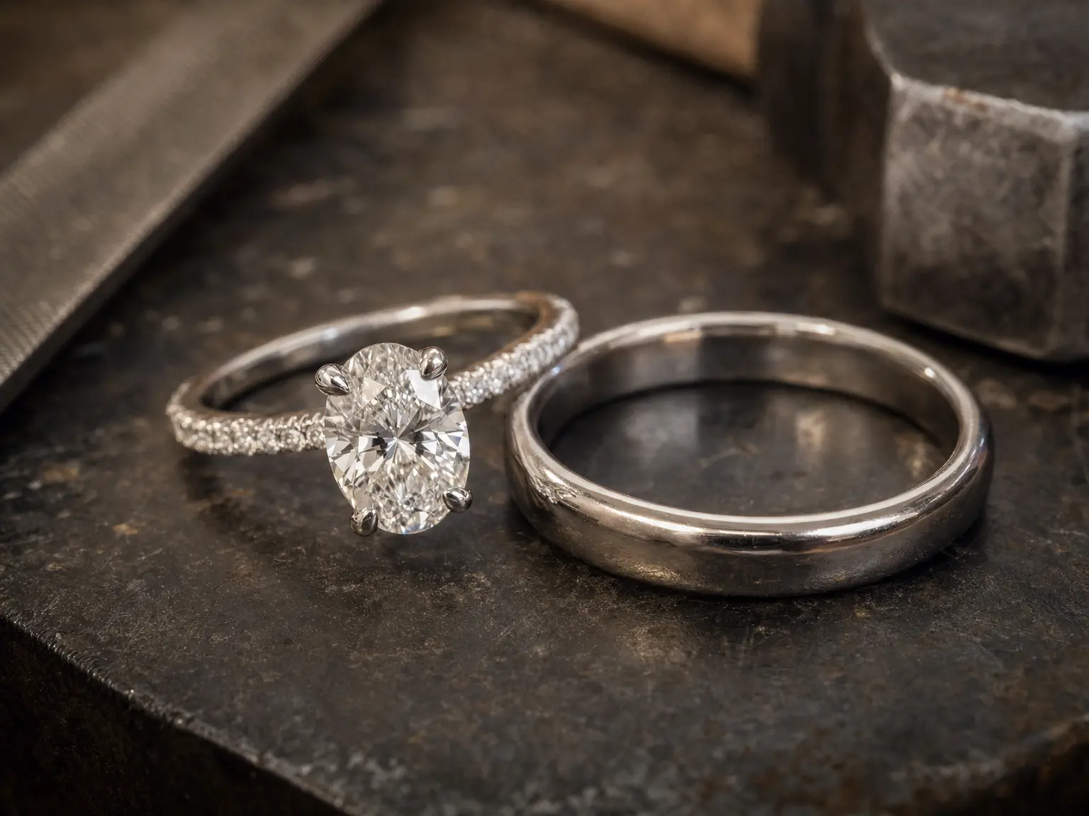 An oval natural diamond engagement ring beside a plain white gold wedding band on a jeweller's bench
