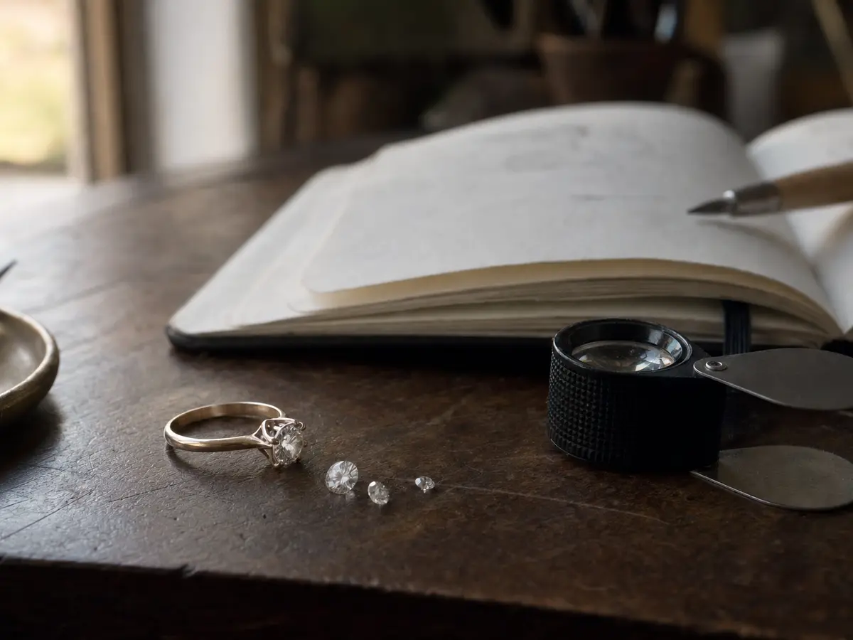 A ring and two loose stones arranged beside an open notebook and a loupe on a wooden bench