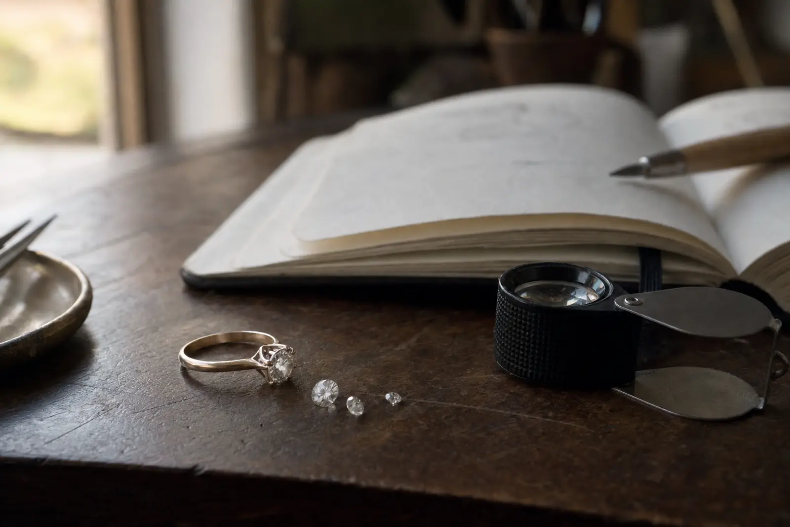 A ring and two loose stones arranged beside an open notebook and a loupe on a wooden bench