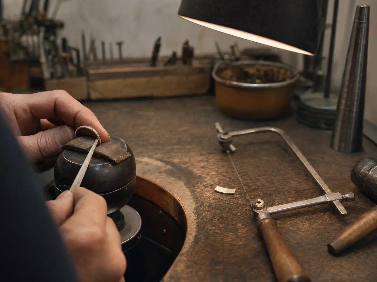 A gold band held in a bench clamp mid-resize with a small offcut of metal beside it