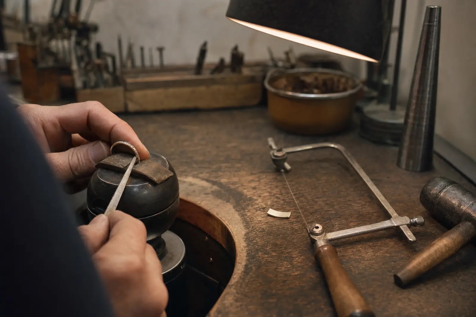 A gold band held in a bench clamp mid-resize with a small offcut of metal beside it