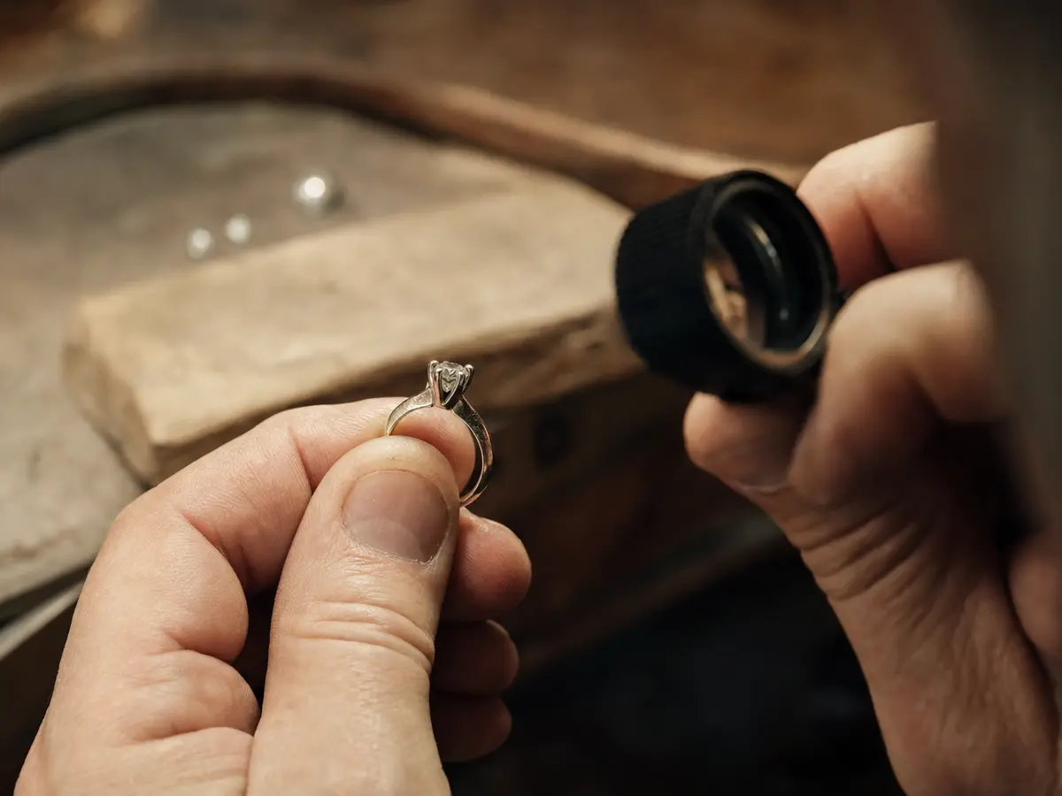 A ring held under a jeweller's loupe with a claw and stone visible at close range