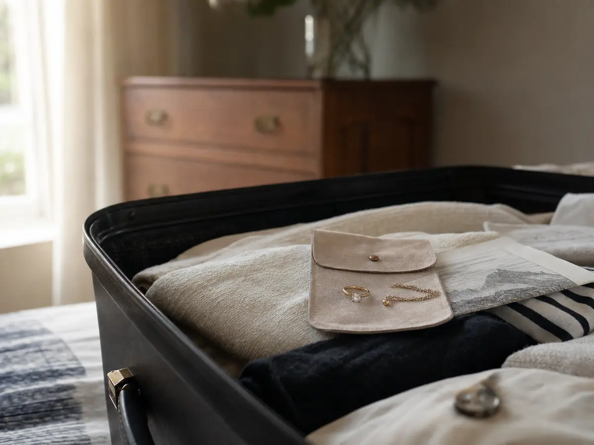 A small travel pouch with a ring and a folded document beside an open suitcase