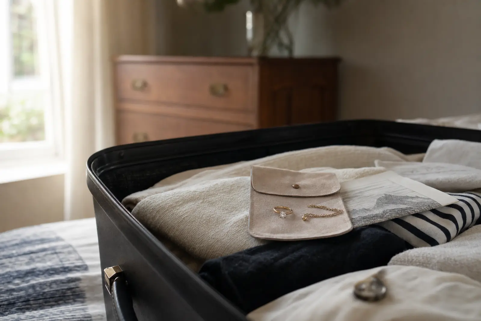 A small travel pouch with a ring and a folded document beside an open suitcase
