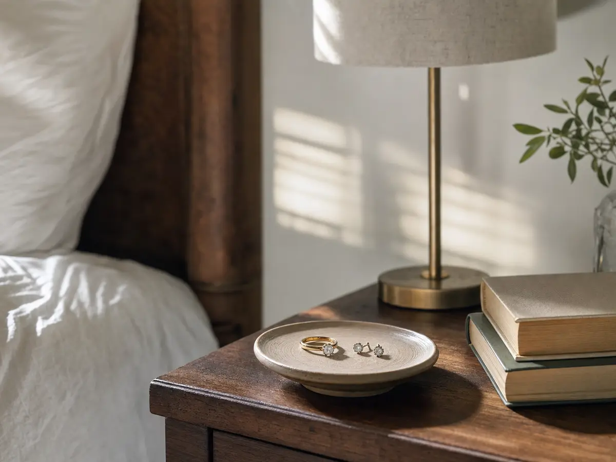 A small ring dish on a bedside table beside a lamp in soft morning light