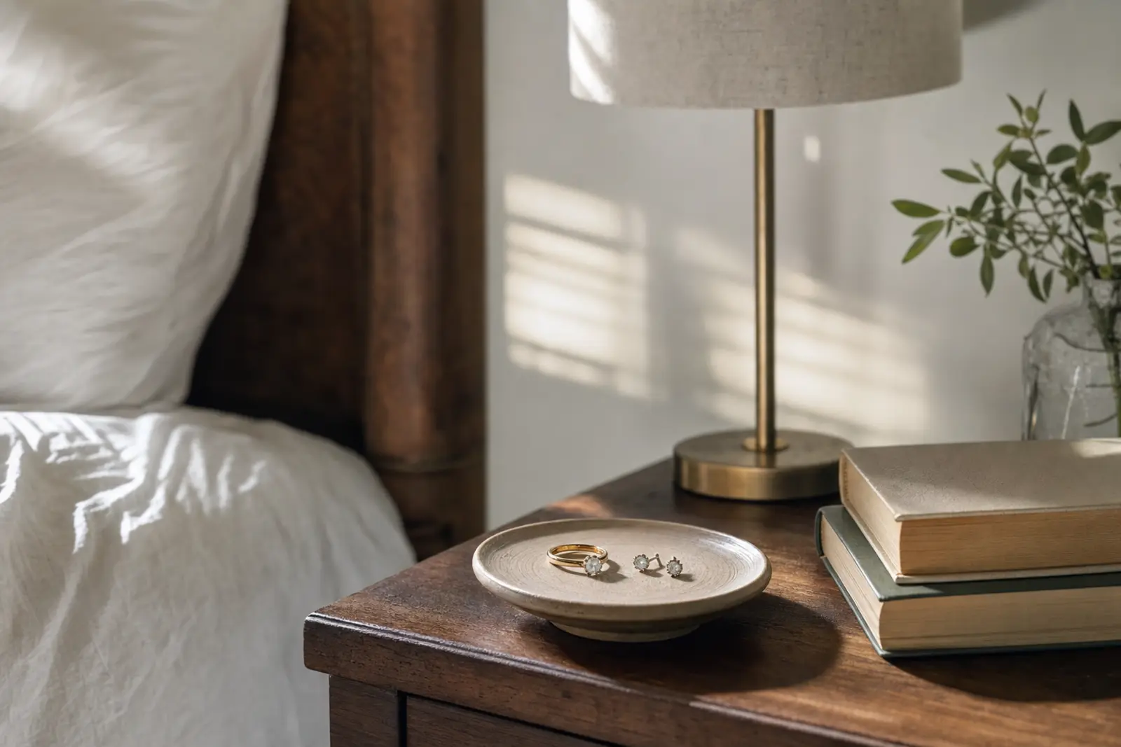 A small ring dish on a bedside table beside a lamp in soft morning light