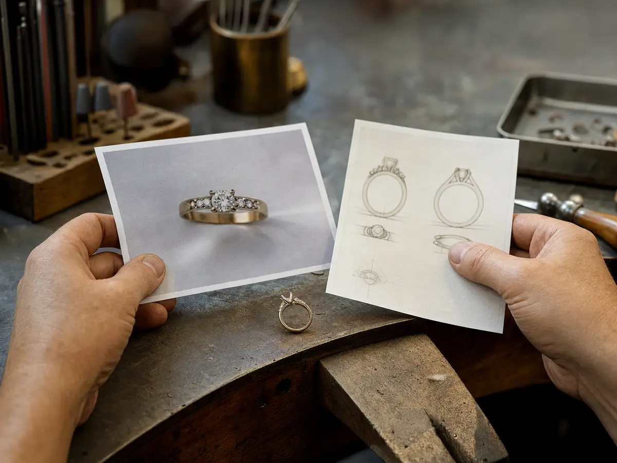 A jeweller's hands examining an old photograph and a ring specification sheet at the bench