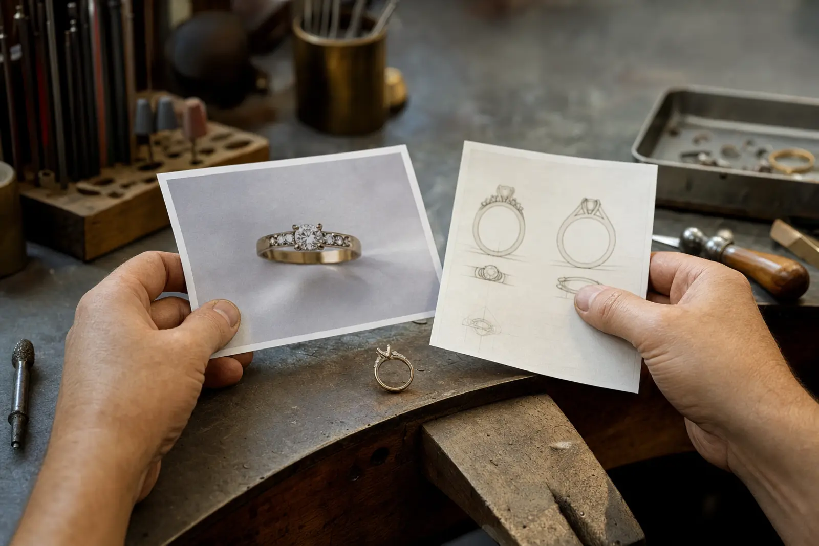 A jeweller's hands examining an old photograph and a ring specification sheet at the bench