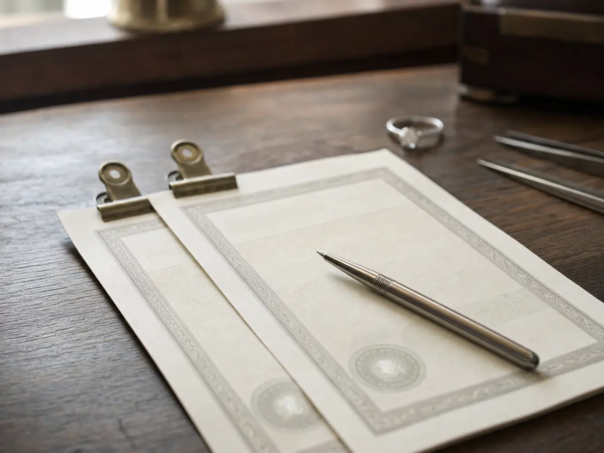 A valuation certificate and an older one clipped together on a bench with a pen resting on top
