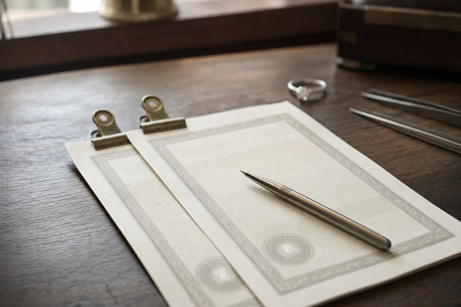 A valuation certificate and an older one clipped together on a bench with a pen resting on top