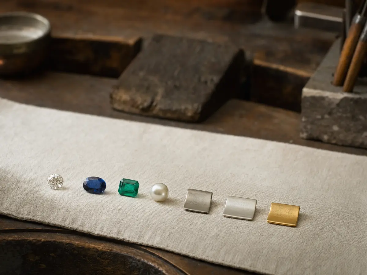 A row of loose stones and metal samples laid on a cloth for comparison at the bench