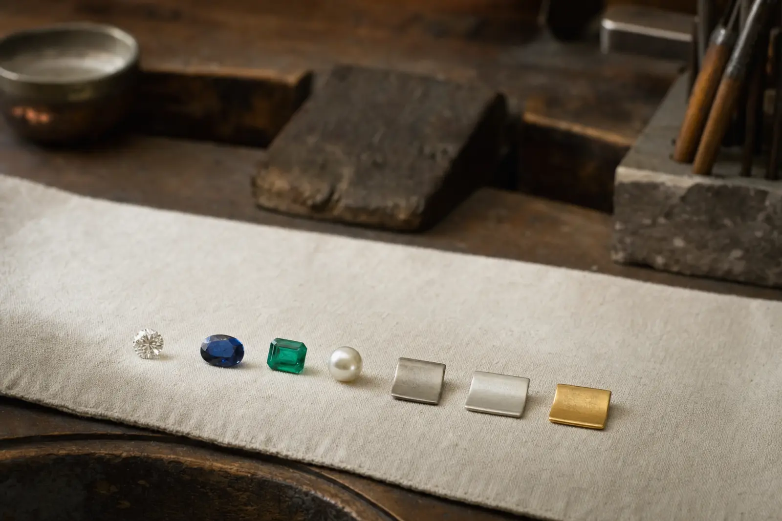 A row of loose stones and metal samples laid on a cloth for comparison at the bench