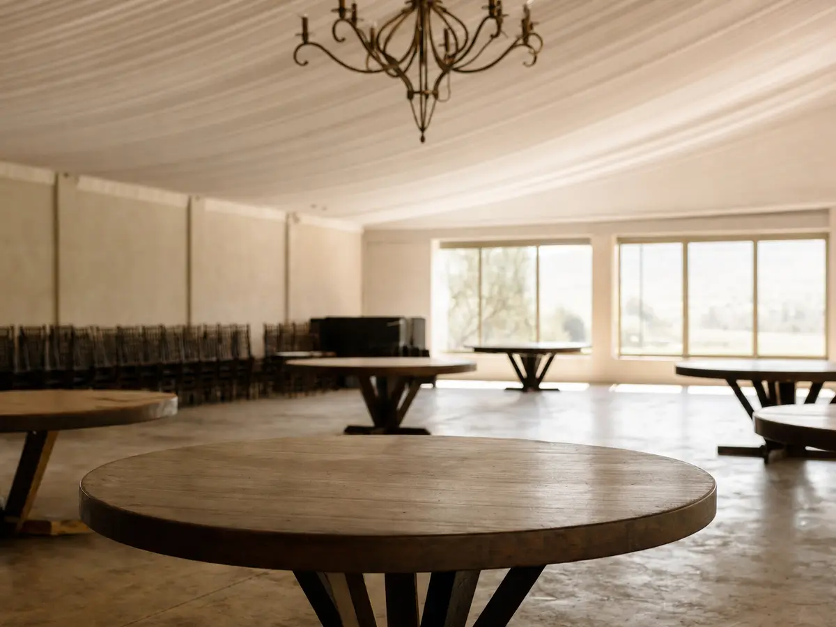 An empty reception hall with bare round tables and stacked chairs, midday light through tall windows