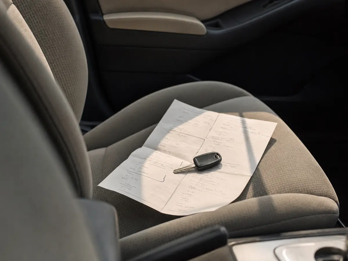 A folded paper itinerary and a single car key resting on the passenger seat of a parked car