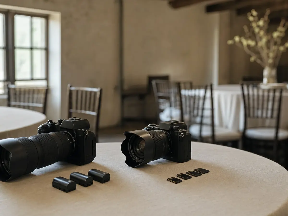 A pair of camera bodies and spare batteries laid out on a linen-covered table before doors open