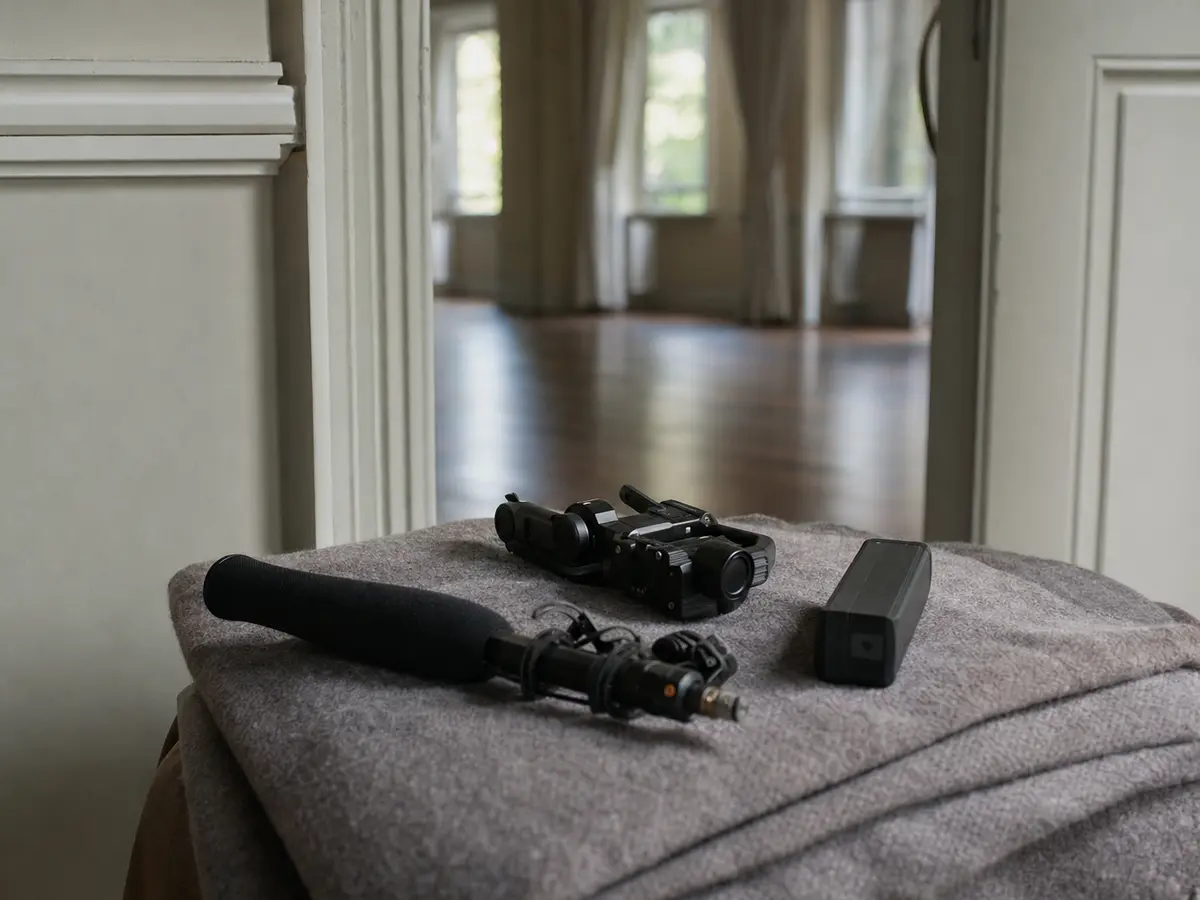 A shotgun microphone and a spare battery pack resting on a folded grey blanket near a doorway