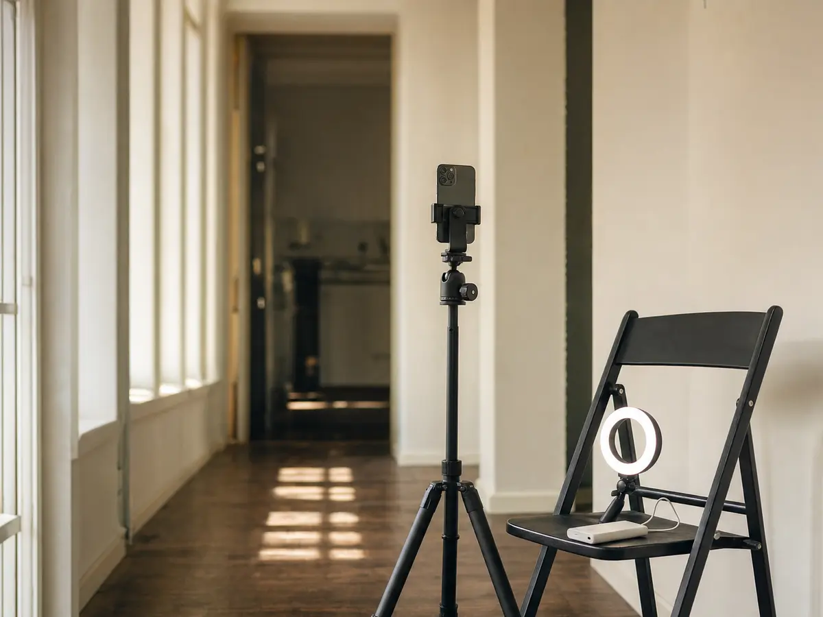 A phone mounted on a small tripod beside a battery-powered ring light on a folding chair