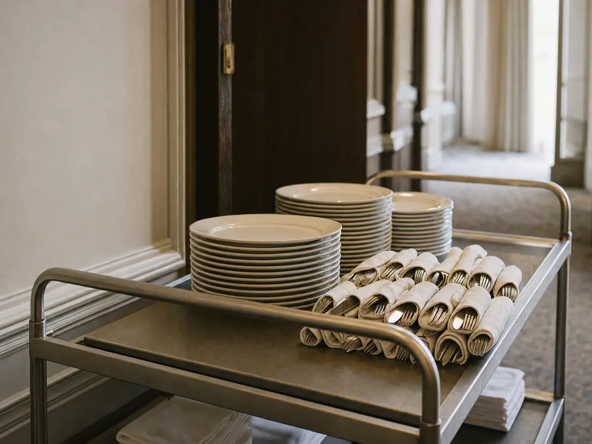 Stacked white dinner plates and rolled cutlery bundles on a stainless service trolley before service