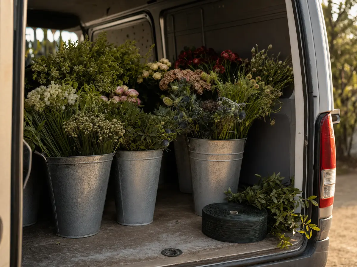 Buckets of loose seasonal flower stems and a roll of floral wire on the floor of an open delivery van