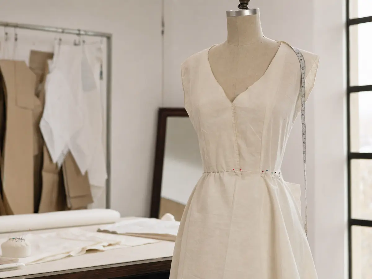 A wedding dress on a dress form mid-fitting, pins visible at the waist seam