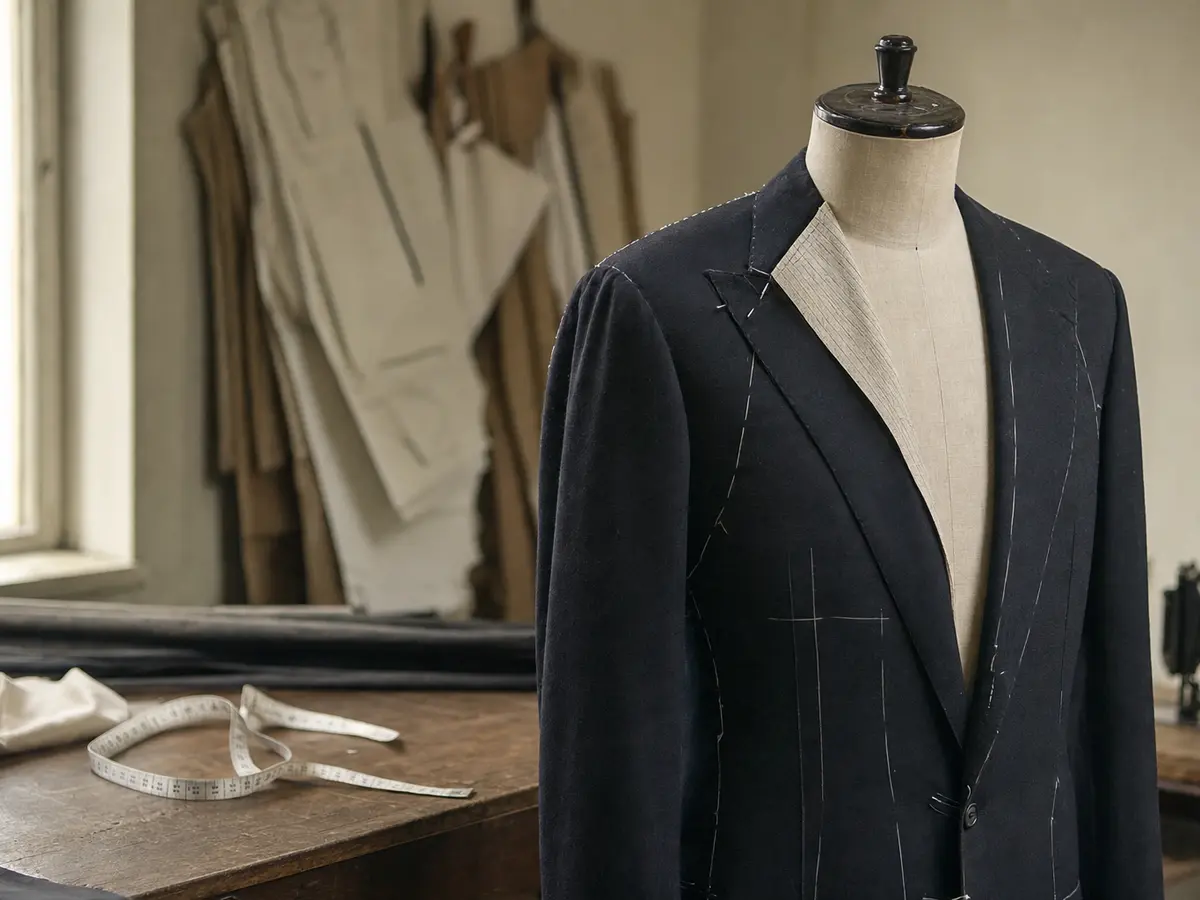 A half-finished suit jacket on a tailor's mannequin with pins along one seam