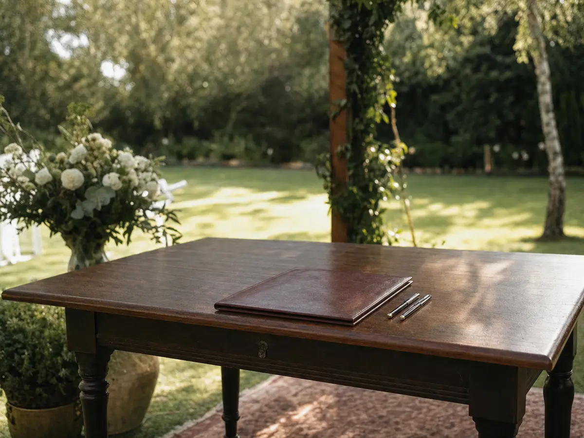 A plain wooden table set for signing at a wedding, two pens beside a closed folder