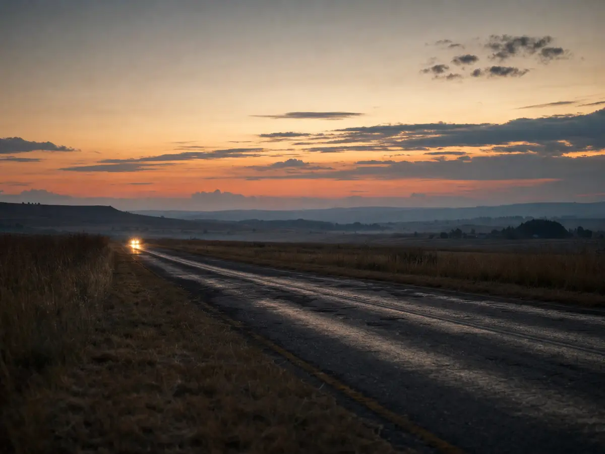 A quiet two-lane rural road at dusk with one set of headlights in the distance