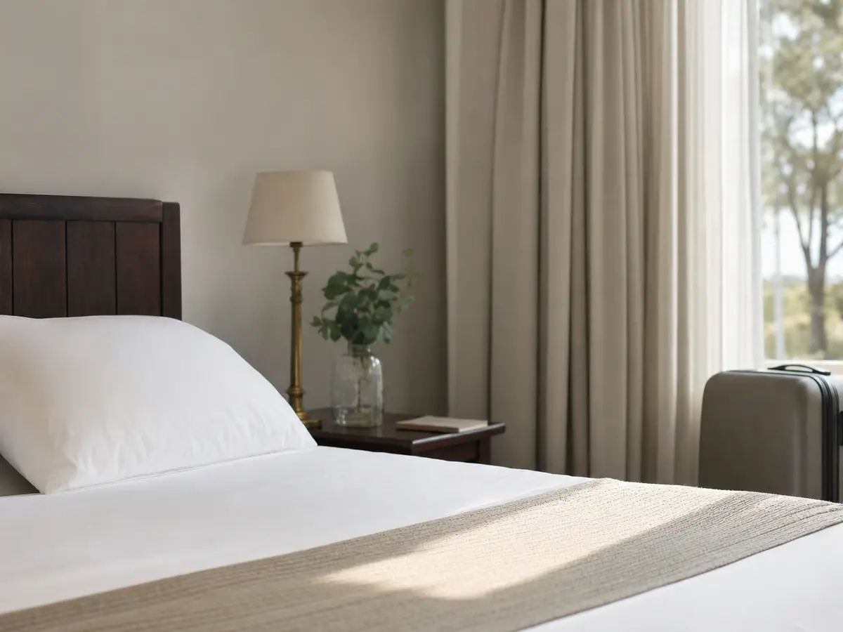 A neatly made bed with folded white linen and a single closed suitcase by the window