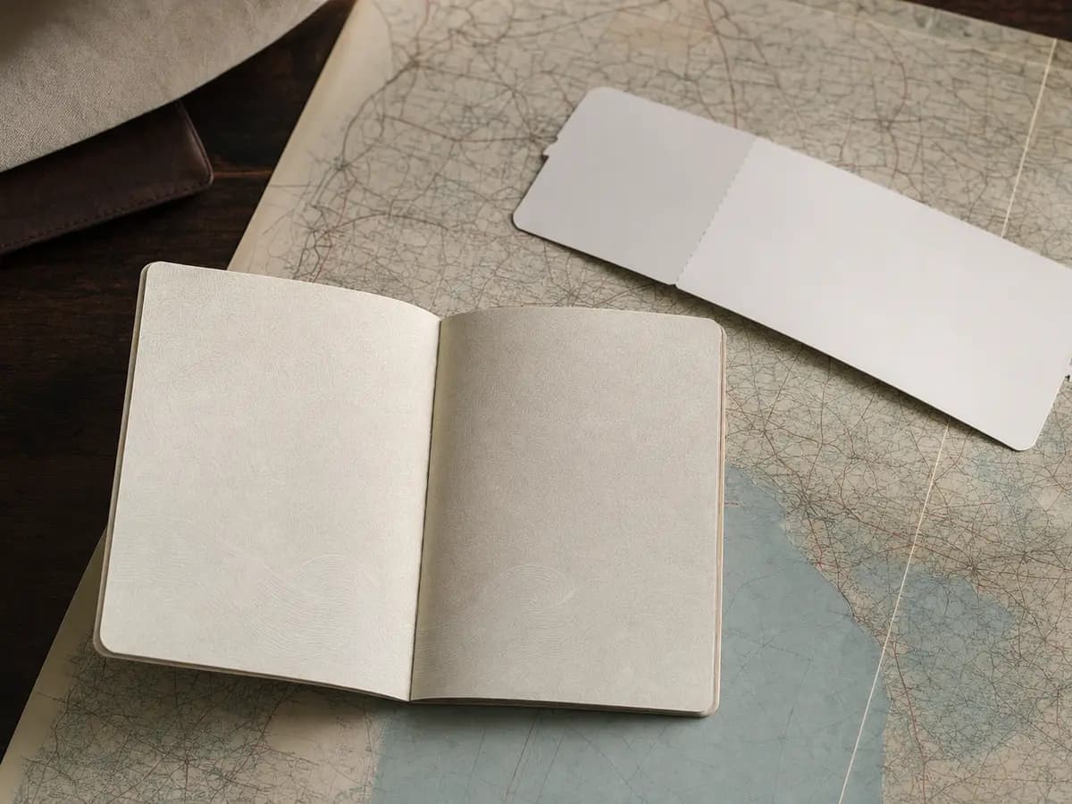 An open, blank passport and a plain boarding pass resting on an unmarked map, seen from above