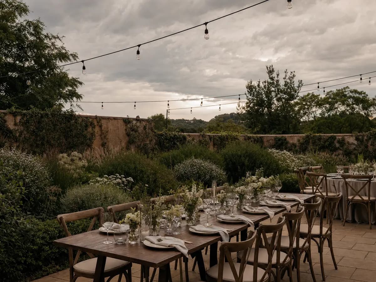 An empty garden terrace set for an evening wedding reception in a Johannesburg suburb, storm clouds gathering in the distance