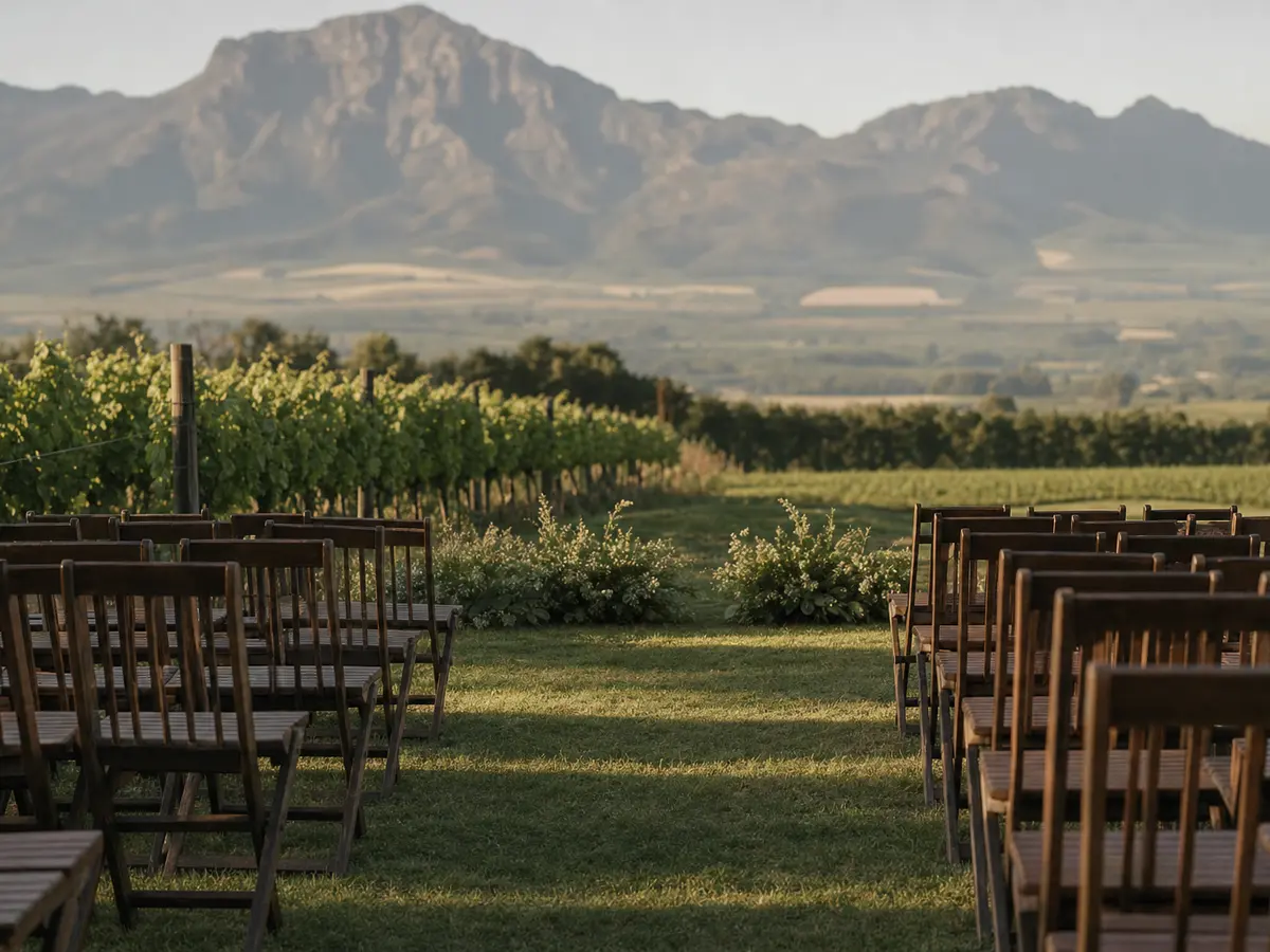 An empty aisle of wooden chairs on a lawn between vine rows in the Cape Winelands with mountains in the distance