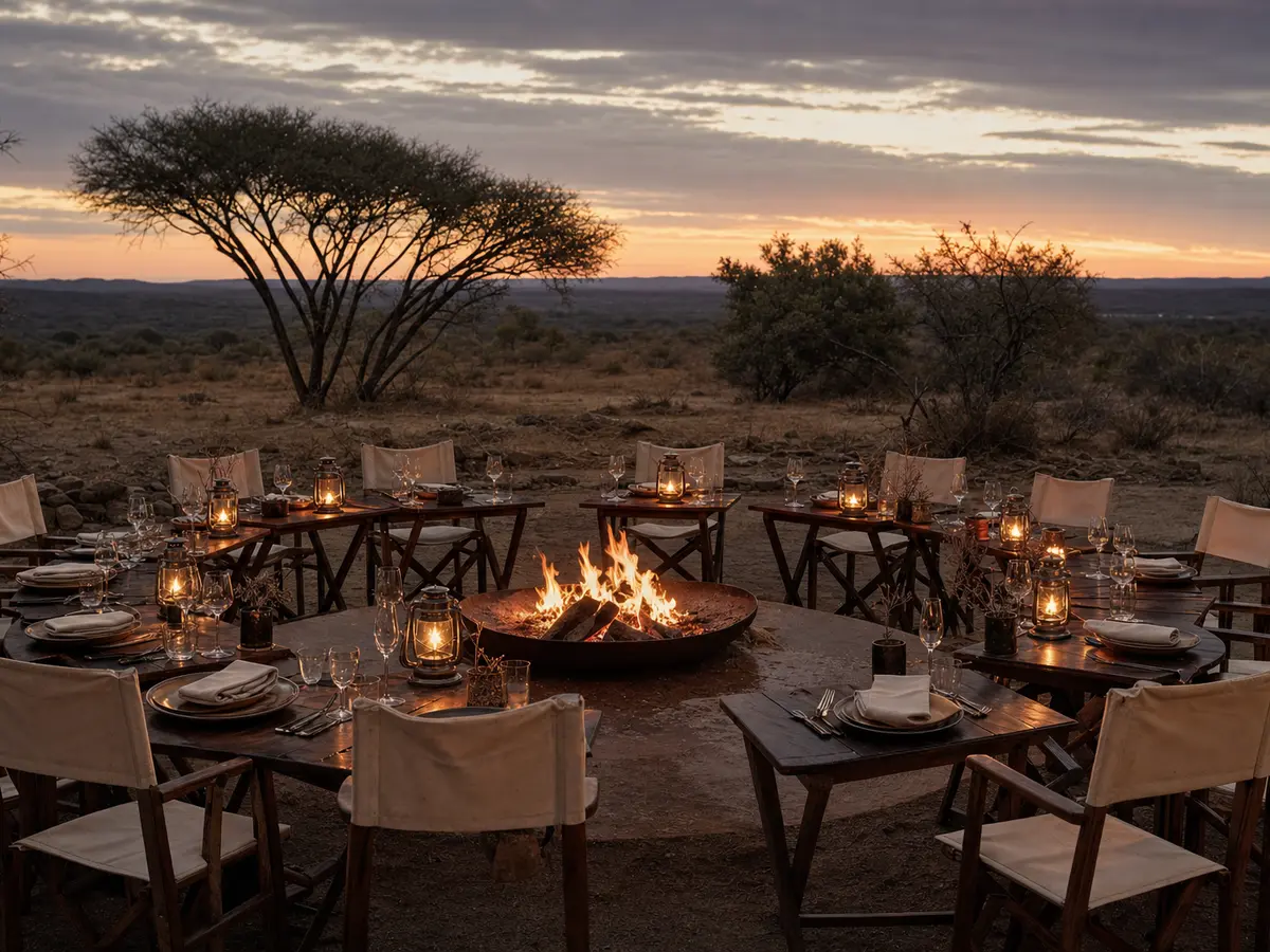 An empty outdoor dining setup around a fire pit in the bushveld at dusk with no guests present