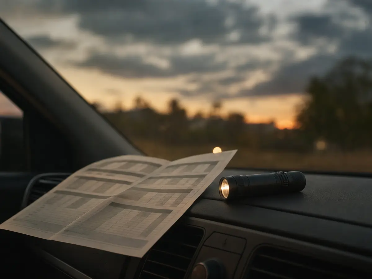 A folded shuttle timetable and a torch resting on a car dashboard at dusk