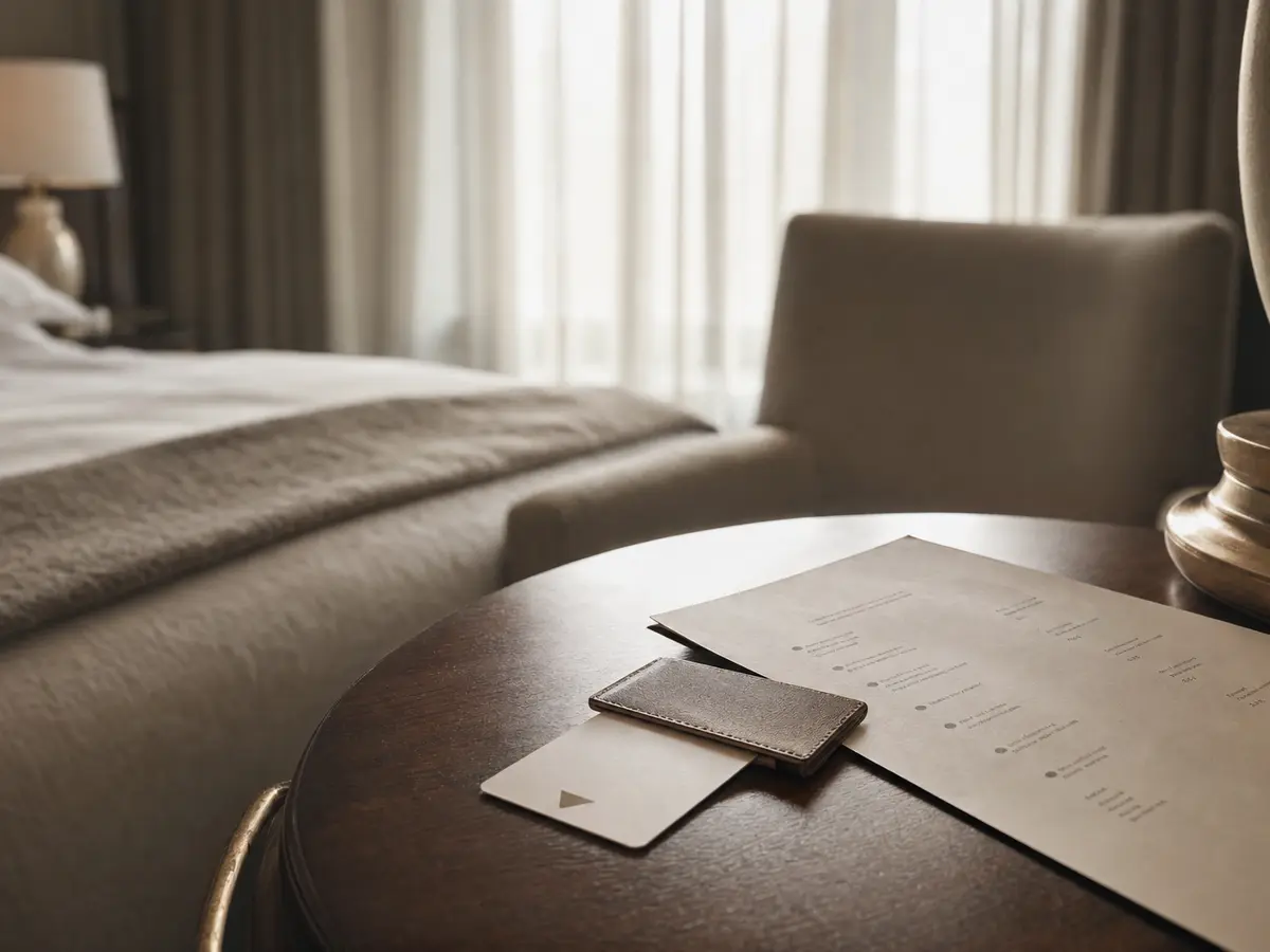 A hotel room key card and a printed guest accommodation list on a bedside table at dawn