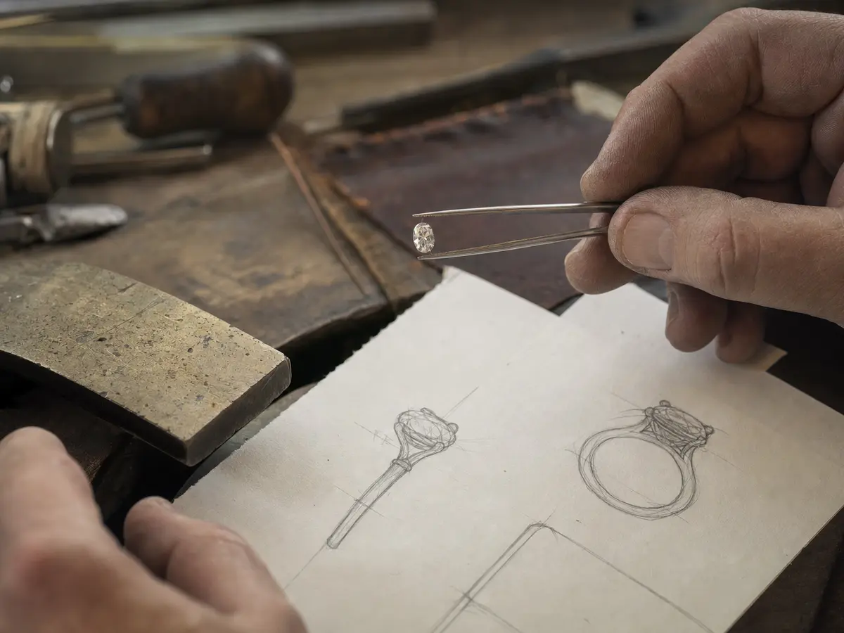 A loose diamond in tweezers above a bench pin, a pencil sketch of its setting beneath it in warm lamp light