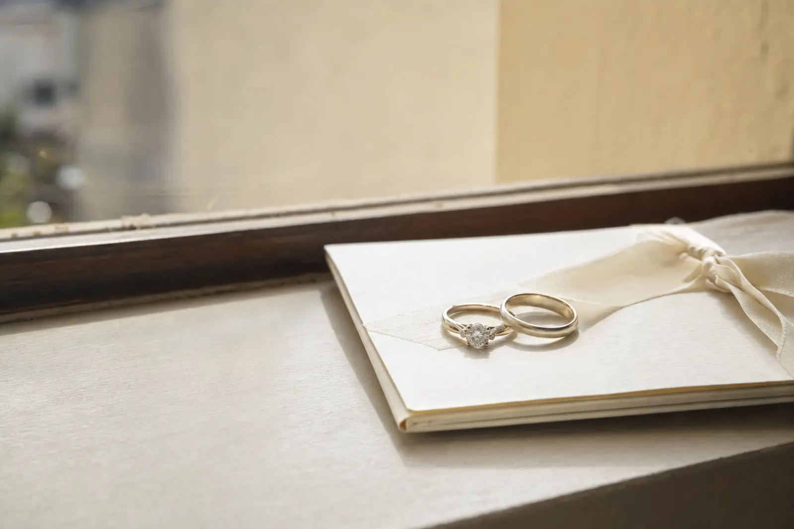 A wedding band and an engagement ring on a folded order of service, morning light through a window