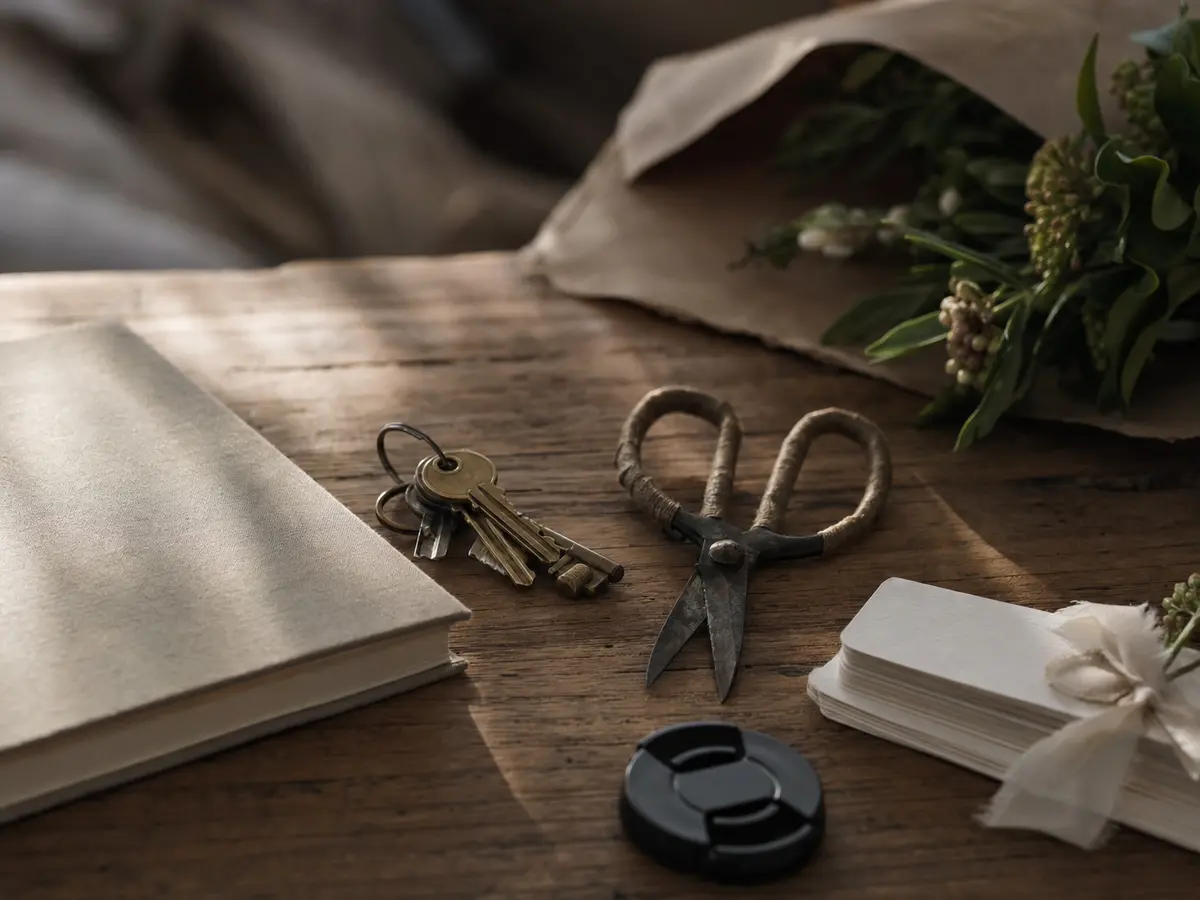 A long wooden table with a planner's notebook, a set of keys, a florist's snips and a photographer's lens cap laid out in a row