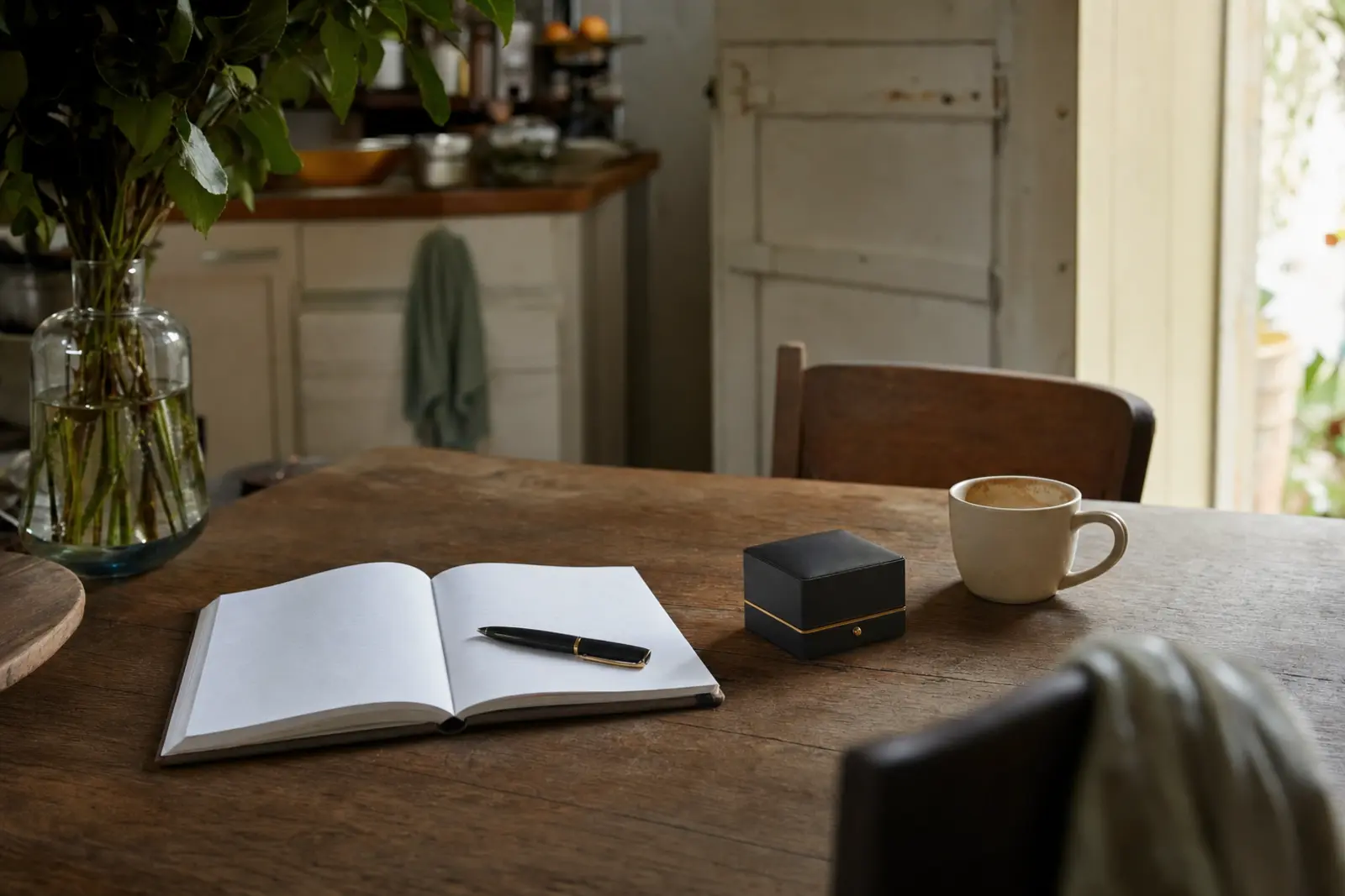 An open notebook beside a ring box on a kitchen table, one cup of coffee half finished