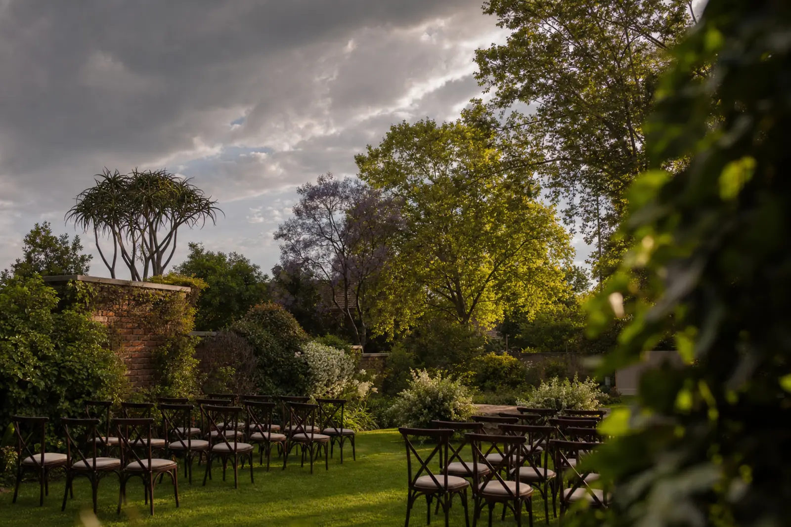 A walled Johannesburg garden set for an evening wedding, storm clouds clearing to the west