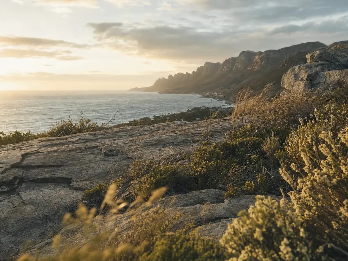 An empty clifftop terrace above the Atlantic in Cape Town, wind moving through the fynbos at golden hour