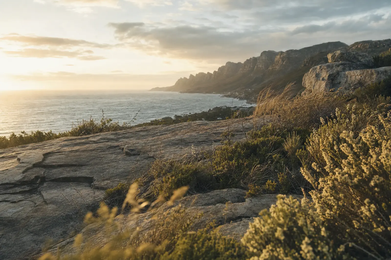 An empty clifftop terrace above the Atlantic in Cape Town, wind moving through the fynbos at golden hour