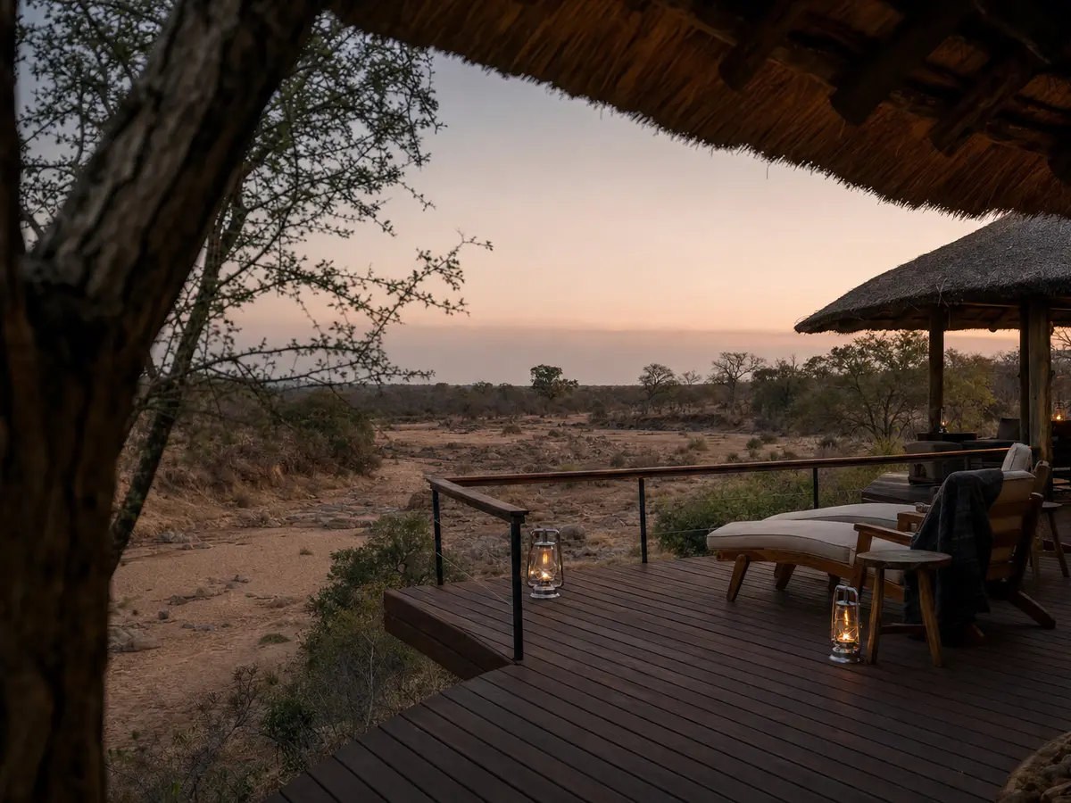 A thatched deck over a dry riverbed in the South African lowveld at dusk