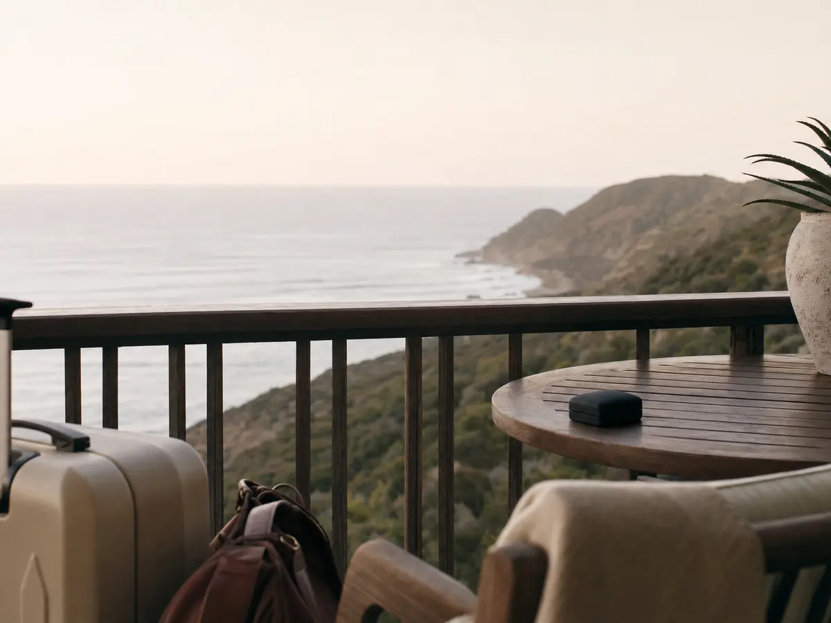 A view of an unfamiliar coastline from a hotel balcony at first light
