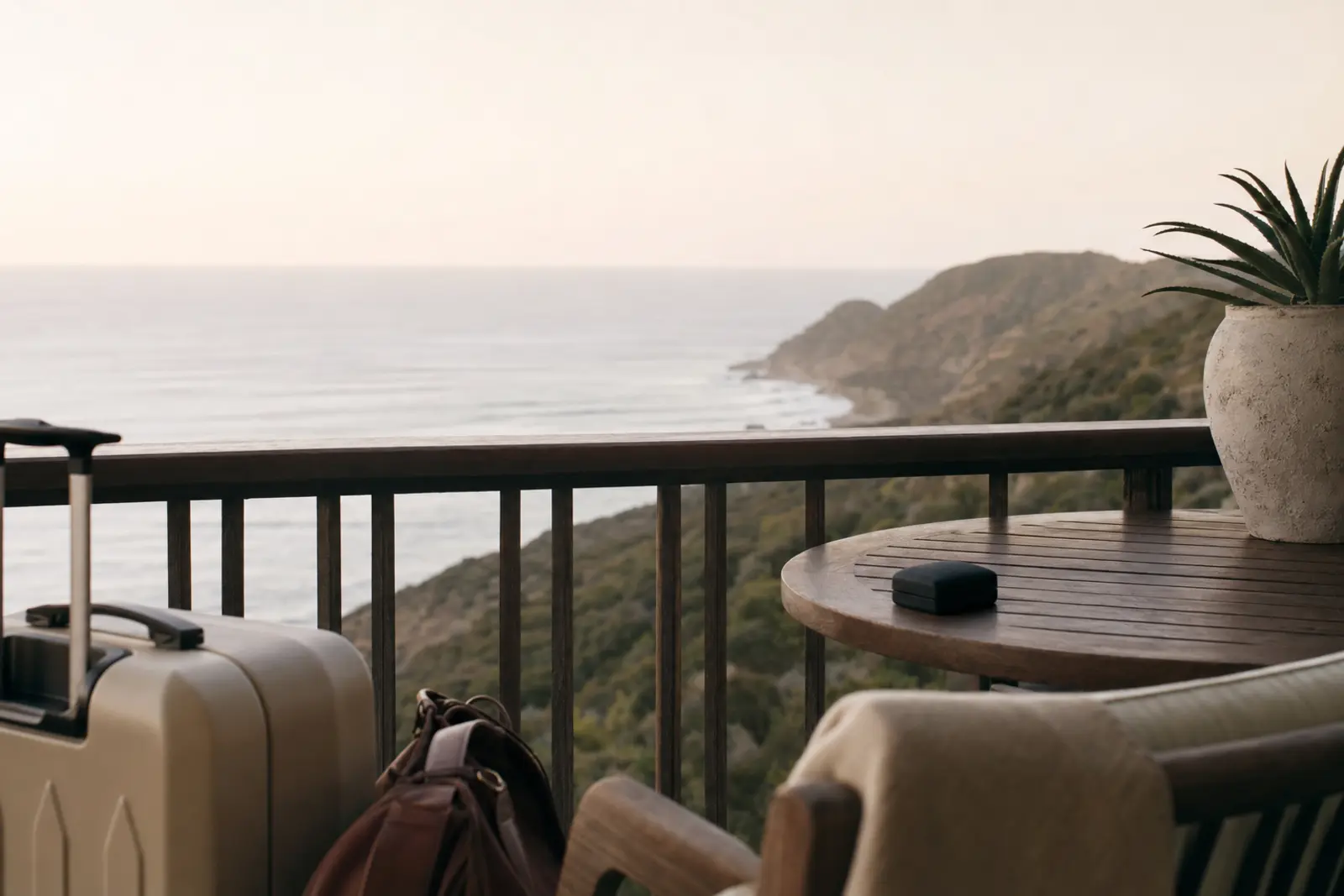 A view of an unfamiliar coastline from a hotel balcony at first light
