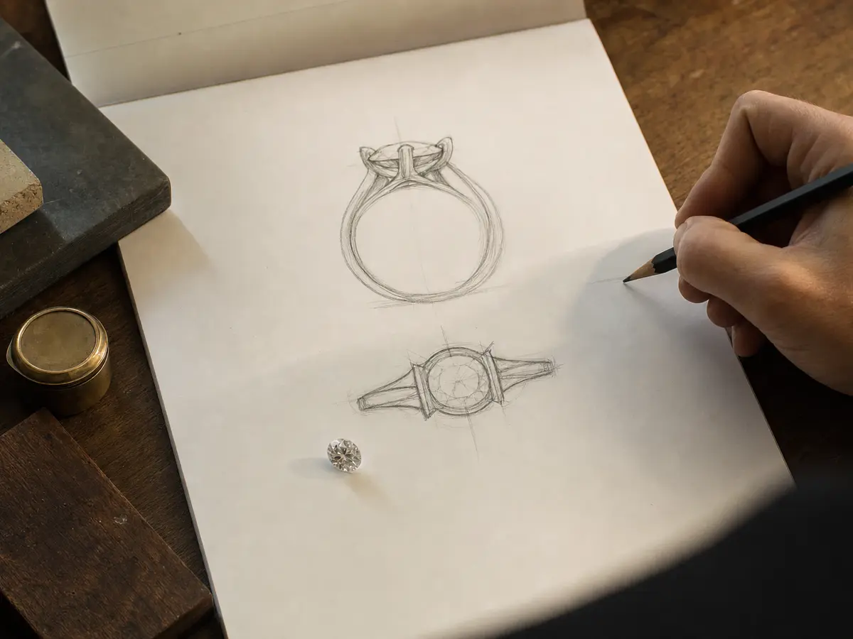 Two hand-drawn ring designs on a sketch pad with a loose stone alongside them