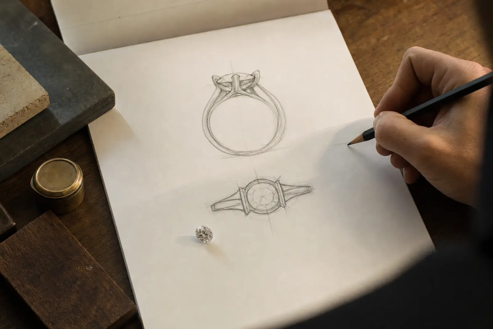 Two hand-drawn ring designs on a sketch pad with a loose stone alongside them