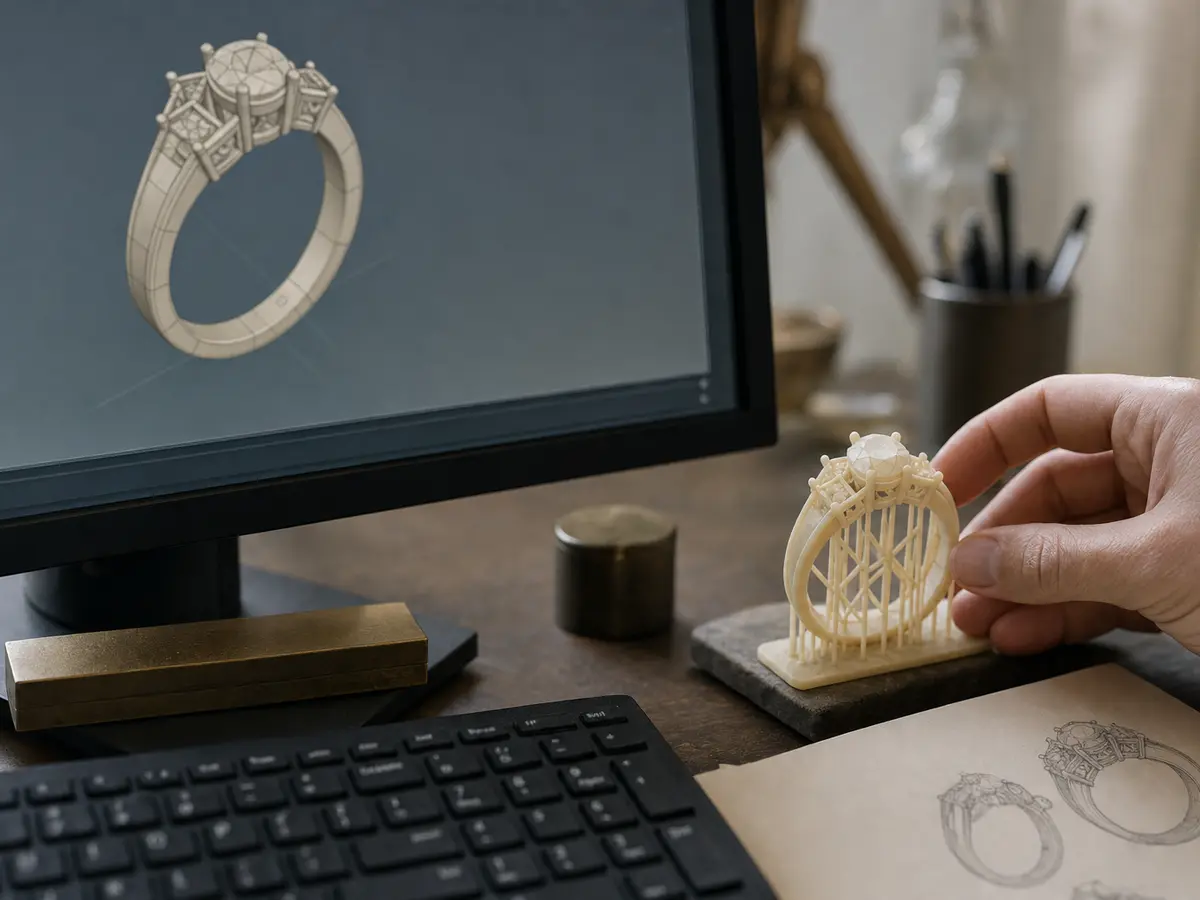 A CAD ring model on screen beside the printed wax it was modelled from