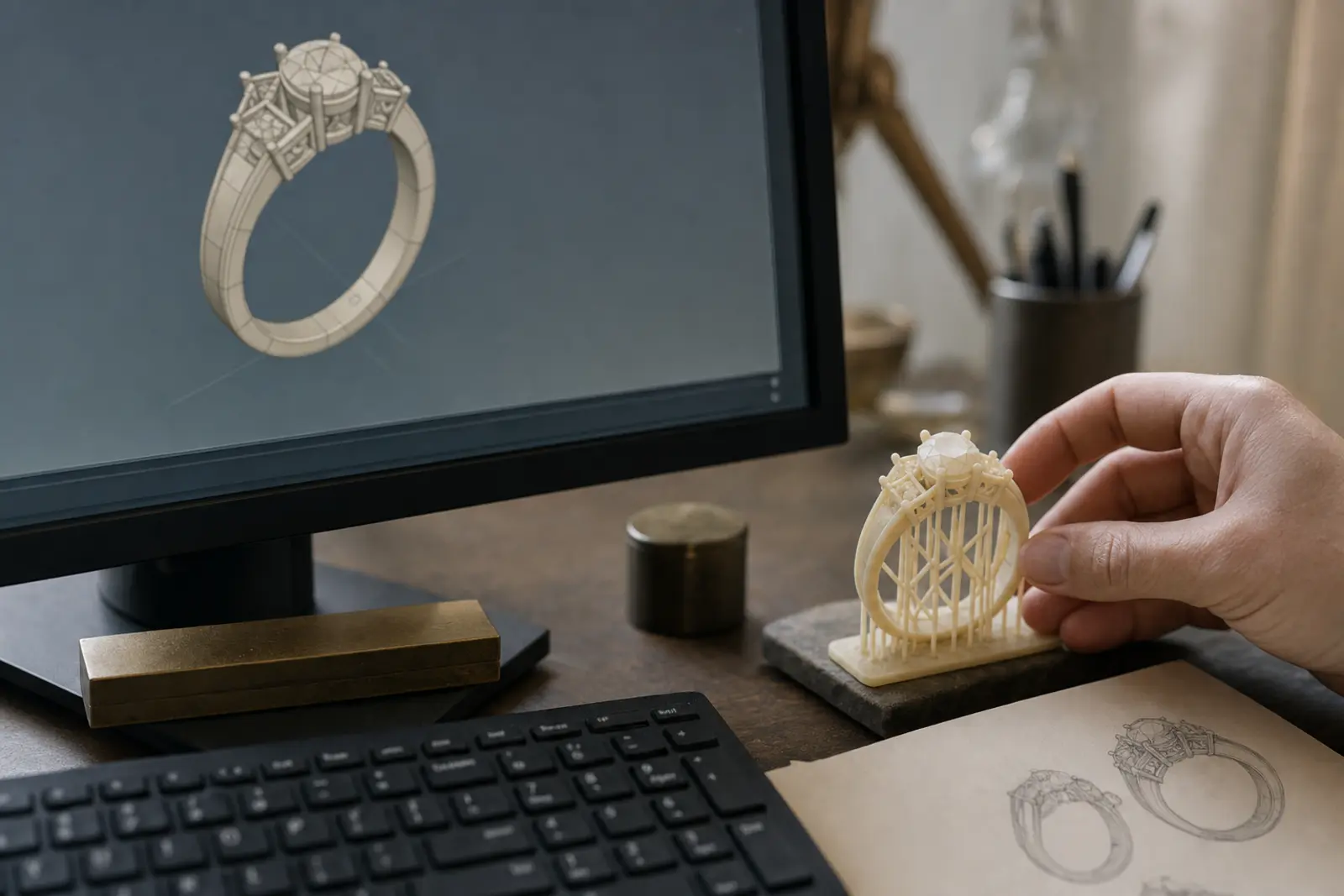 A CAD ring model on screen beside the printed wax it was modelled from